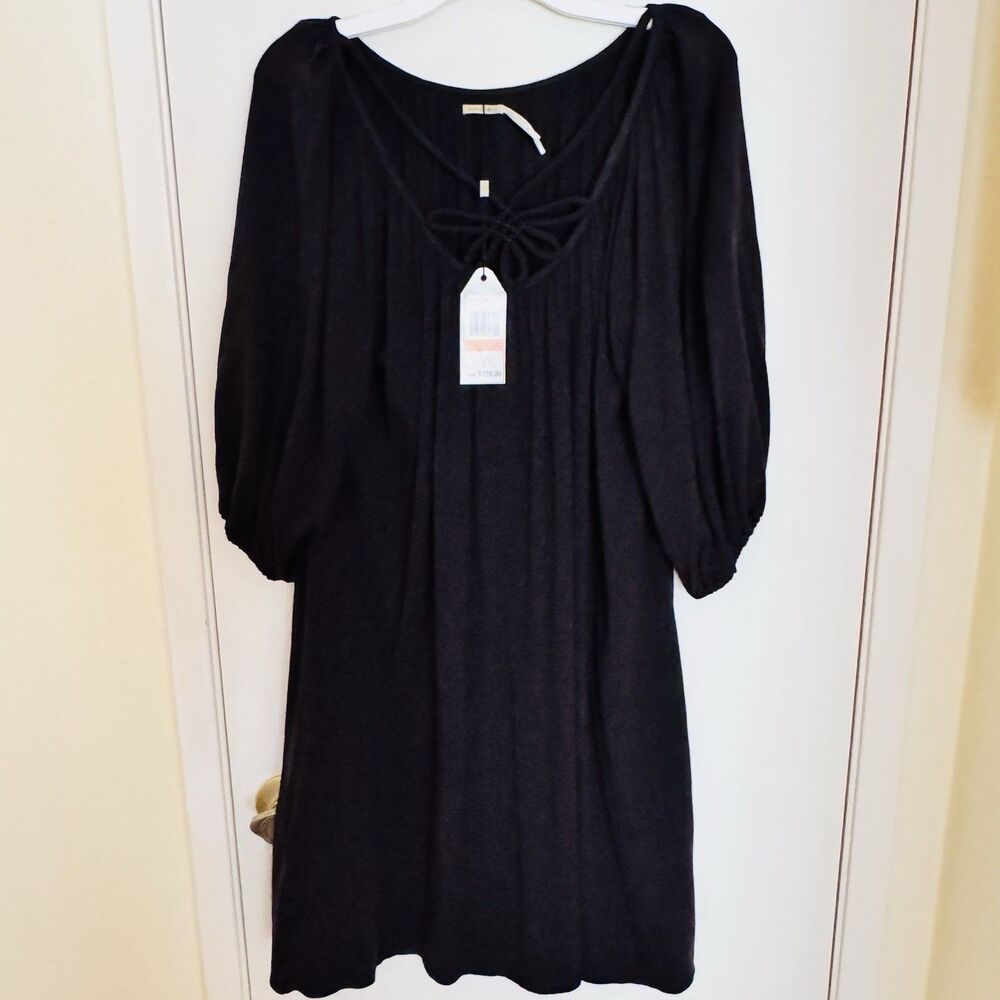 Max Studio Deep Charcoal Black Knit Bishop Sleeve Dress XS Peasant Sty NWT $178